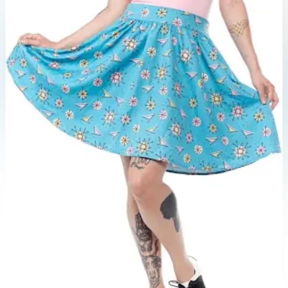 Sourpuss Teal and Pink Atomic Pattern skirt